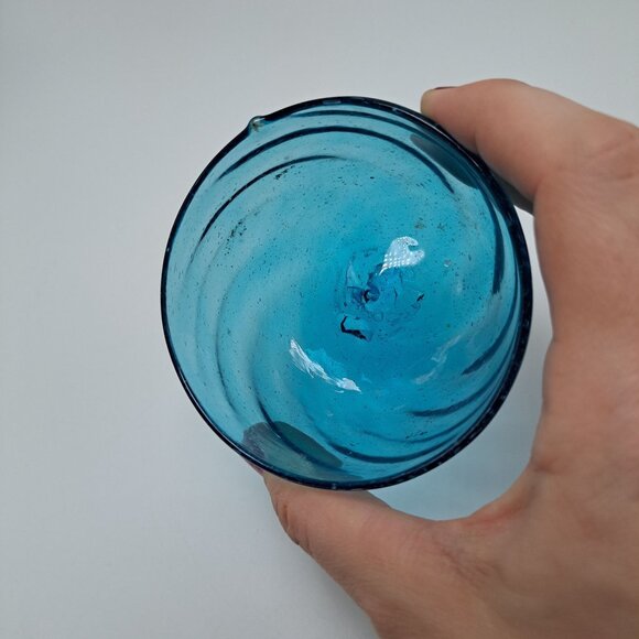 Hand Blown Blue Glass Bowl Unique Swirl Design Art Glass Decor Collectible - Picture 8 of 8